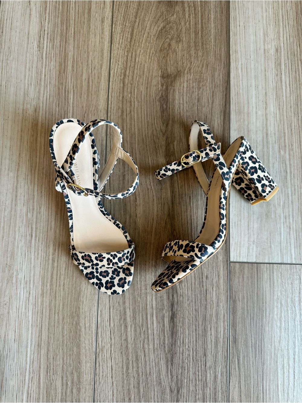 Stuart Weitzman Leopard Print Block Heel Sandals in Tan and Black - Picture 3 of 11